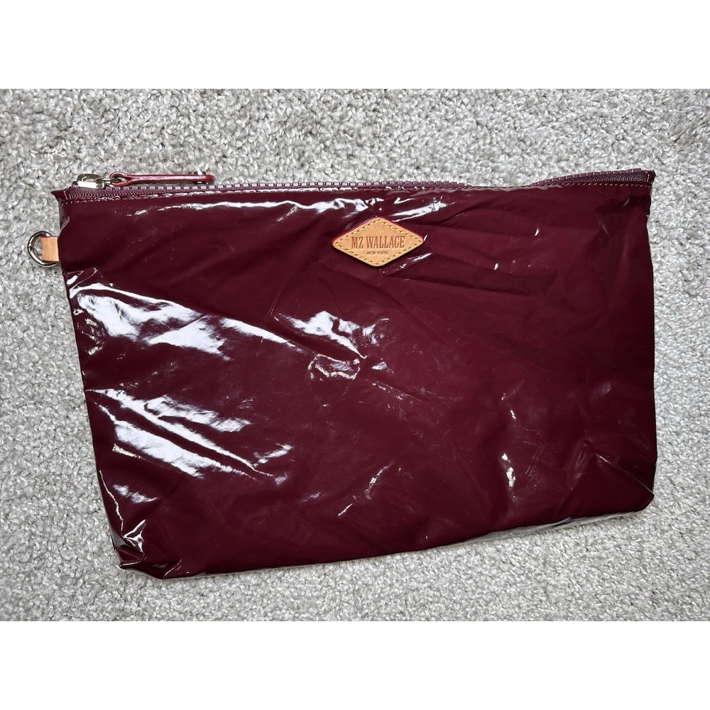 MZ Wallace Lacquer Cosmetic Pouch Clutch Burgundy Wine Red Patent Nylon